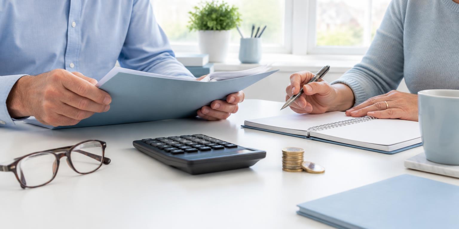 Reviewing pension savings paperwork with a notebook and calculator