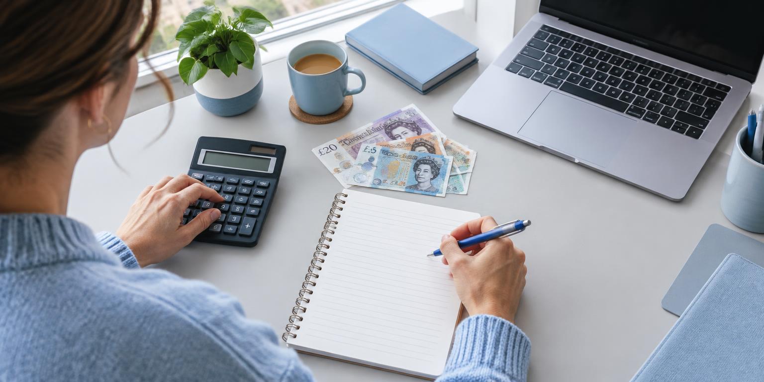 Reviewing a budget with a notebook, calculator and British pounds