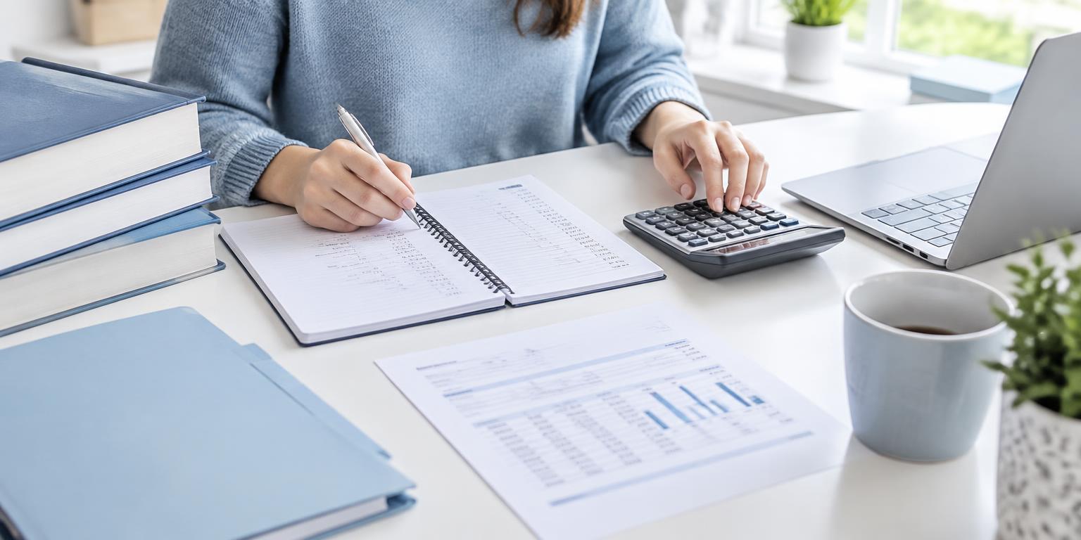 Planning a student budget with textbooks, a notebook and calculator