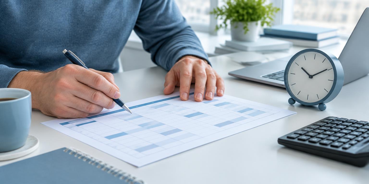 Checking a work schedule beside a clock and calculator